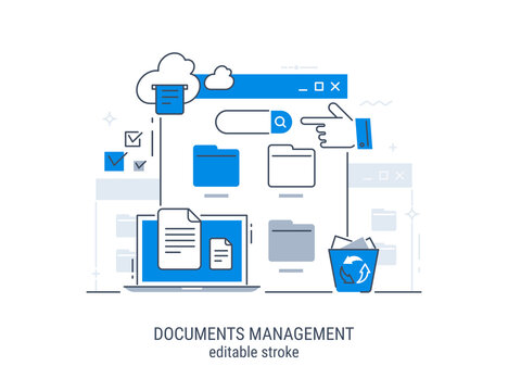 Documents management. File manager, data storage. Files search. Editable stroke vector illustration.