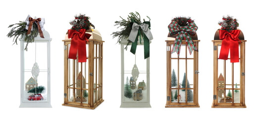 Set with beautiful decorative Christmas lanterns on white background, banner design
