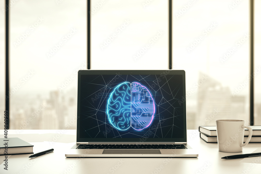 Poster creative artificial intelligence concept with human brain sketch on modern laptop monitor. 3d render