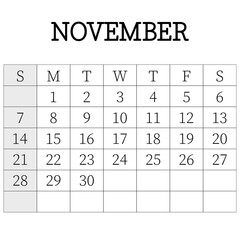 2021 calendar planner. November. Corporate week. Template layout, 12 months yearly, white background. Simple design for business brochure, flyer, print media, advertisement. Week starts from Sunday.