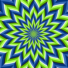 Optical motion illusion vector background. Green blue abstract flower move around the center.