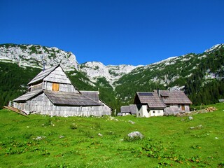 Traditional architecture at Lat pasture in Triglav national park and Julian alps, Gorenjska,...