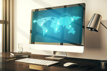 Abstract creative world map with connections on modern laptop screen, international trading concept. 3D Rendering