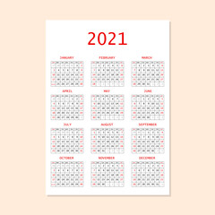 2021 calendar planner. Corporate week. Template layout, 12 months yearly, white background. Simple design for business brochure, flyer, print media, advertisement. Week starts from Sunday. A4 size