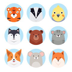 Cartoon animal, bird round stickers, avatars. Flat style vector illustrations clipart collection of cute animals characters. Pets, farm, zoo icon set for baby clothes, card, invitation templates.