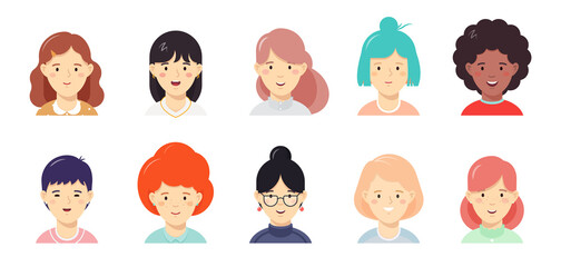 Girls happy faces flat vector illustration set. Women userpic, avatar icons for social network, web services, mobile applications. Female portraits clipart collection isolated on white background.