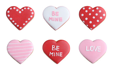 Set with different delicious heart shaped cookies on white background. Valentine's Day