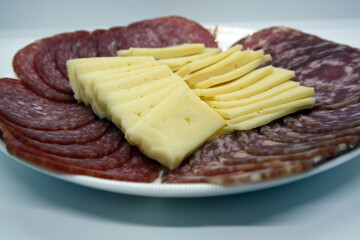 Salami slices and cheese on a white plate.