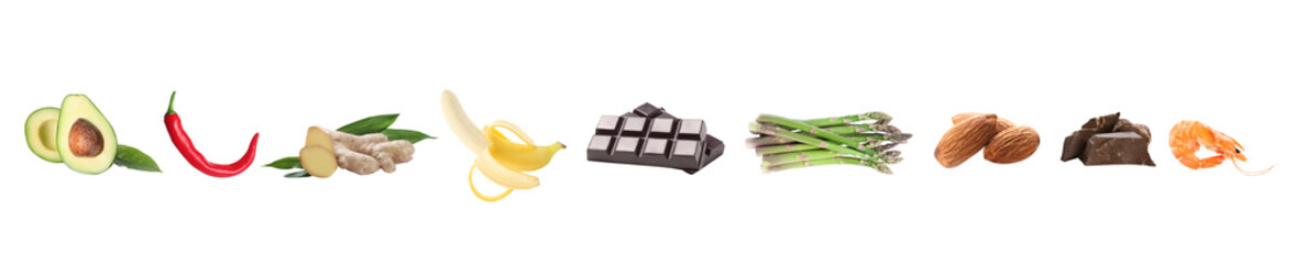 Set with different aphrodisiac food for increasing sexual desire on white background, banner design
