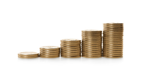 Stacked coins on white background. Investment concept