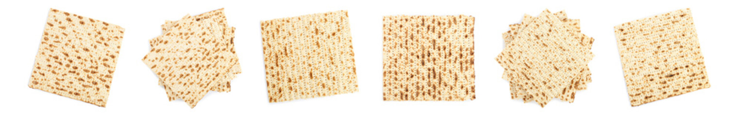 Set with Passover matzos on white background, top view. Pesach celebration