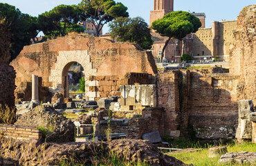 Fototapeta na wymiar Roman Forum, also known as Forum Romanum in Rome, Lazio, Italy, on a bright summer day. It is one of main tourist attractions of Rome and famous Italian landmark