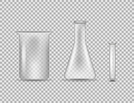 Set of realistic test-tubes and glass jars of various shape with measuring scale isolated vector illustration.