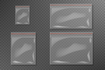 Vector Set of Sealed Empty Transparent Plastic Zipper Bag Close up Isolated on Background. © Yeliena
