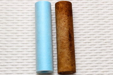 Two replaceable used water filters. Replaceable dirty filters for filtration of reverse osmosis water.