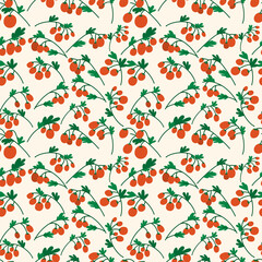 Vector seamless pattern with red cherry tomatoes on branches