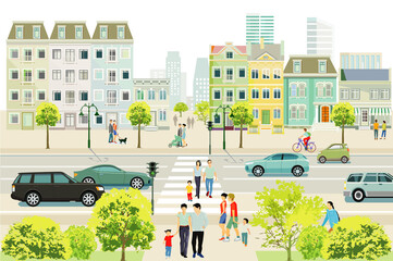 Obraz na płótnie Canvas Straßenverkehr mit Familien und Menschen auf dem Bürgersteig Illustration