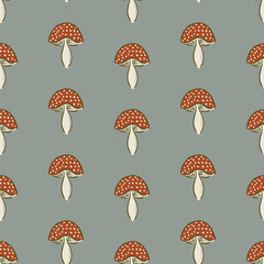 Seamless vector pattern with mushrooms and plants for decoration, textile, stationery, fabric