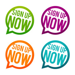 Sign up now round Buttons on white Background.