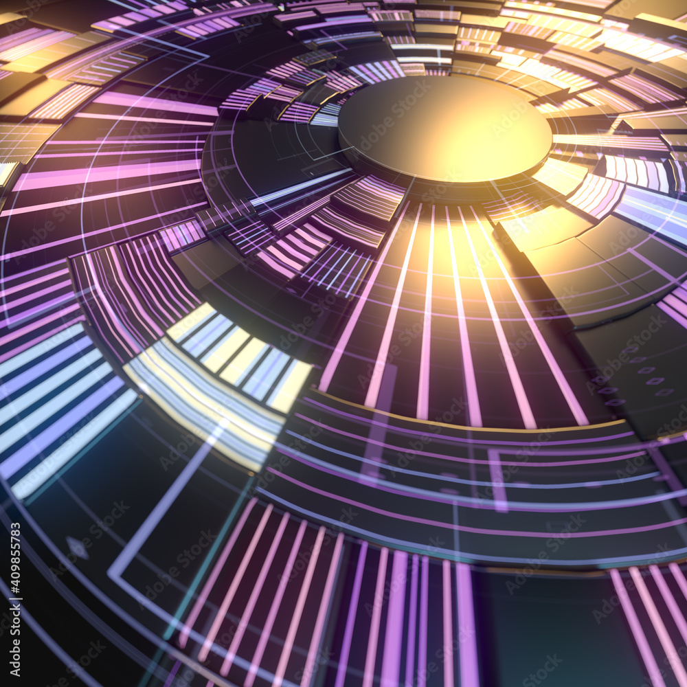 Aufkleber Sci fi futuristic user interface with glowing elements. Sbstract cover design. Depth of field. 3d rendering illustration