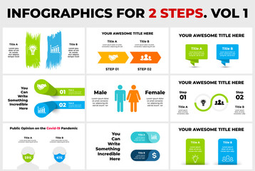 9 Infographics for 2 steps, options. Presentation slide template. Male and female. Public opinion on the Covid-19 pandemic. 3D elements, arrows and brush strokes. People in face mask.