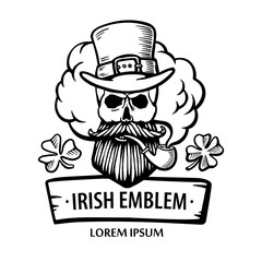 Hand-drawn irish skull with hat, mustache and beard and clover. leprechaum with pipe and cloud. Saint patrick. Vector. Stickers, logo, Emblem. isolated on white background.