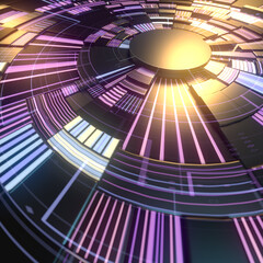 Sci fi futuristic user interface with glowing elements. Sbstract cover design. Depth of field. 3d rendering illustration