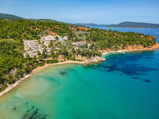 Aerial drone view over Chrisi Milia beach and the rocky surrounded area in Alonnisos island, Sporades, Greece