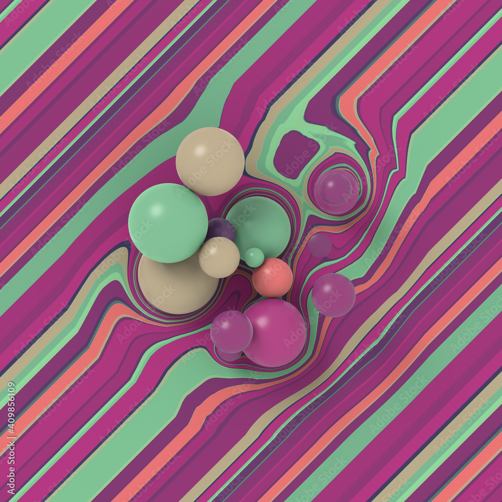 Poster Modern pattern with colorful group balls on a striped surface. 3d rendering digital illustration