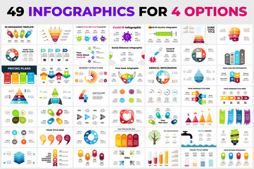 Fototapeta na wymiar 49 Infographics for 4 steps, options, processes. Huge presentation templates Bundle. Timelines, circle diagrams, charts and arrows elements.
