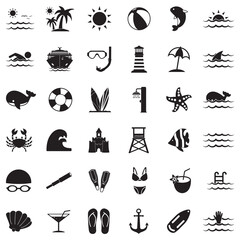 Sea Icons. Black Flat Design. Vector Illustration.