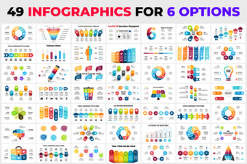 49 different infographics for 6 steps, options. Presentation slide templates. Ready for business, marketing, ecology, medicine or education.