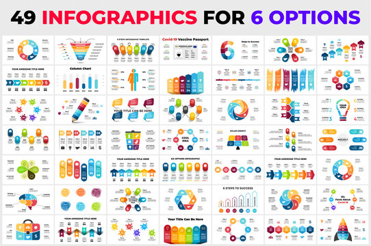 49 different infographics for 6 steps, options. Presentation slide templates. Ready for business, marketing, ecology, medicine or education.