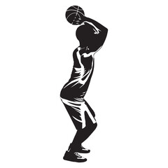 Professional basketball player silhouette shooting ball into the hoop, vector illustration