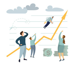astronaut man takeoff and crew climbs coin chart, investment management, money growth and profit chart, career growth to success, flat color icons, business team analysis, vector illustration