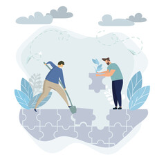 Business puzzle concept. Team work metaphor. people connecting puzzles elements. Vector illustration flat design style. Symbol of teamwork, cooperation, partnership