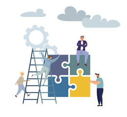 Concept puzzle of financial management, Statistics and business report, little people as puzzles collect infographics on stairs. Vector illustration