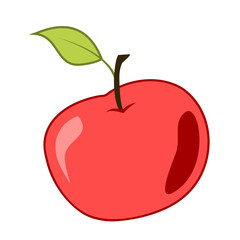 Red apple with a stalk and a leaf. Colored isolated object with outline on a white background. Cartoon.