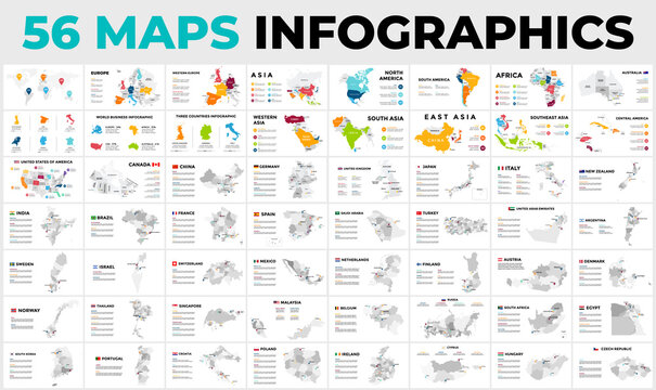 The Biggest Maps Infographics Bundle. Includes all world - Europe, Asia, America, Africa and Australia. Vector countries. USA, Canada, Germany, Great Britain, UAE, Japan, Brazil, India and many more.