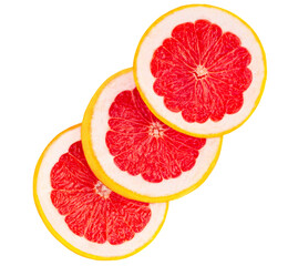 Grapefruit circle slices  isolated  on white background, top view.  Pink Grapefruit Flat lay.