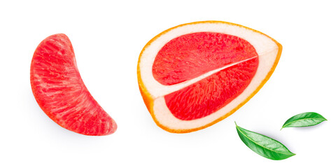 Creative layout made of Grapefruits and green leaves isolated on white background. Pink grapefruit slices Flat lay. Top view. .