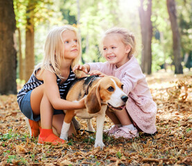 Playful girls and beagle dog in morning forest