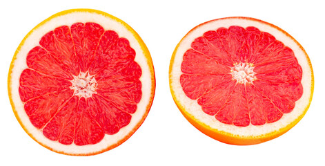 Grapefruit halves isolated on white background close up. Ripe slices of pink grapefruit citrus...