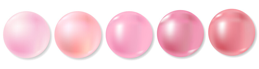 Pink sea pearls collection on white background. Realistic balls or pearl beads set, 3D effect, shades of pink color. Jewel gems vector illustration with natural reflections.