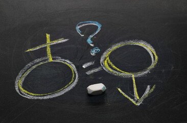 Gender equality sign, male and female symbols with question mark drawn on black chalkboard with colorful chalk, blackboard background and texture