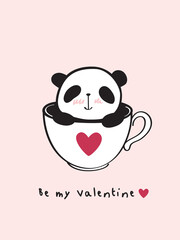 Naklejka premium Greeting card with hand drawn little cute panda and pink heart for Valentine's Day. Be my Valentine. Vector illustration.