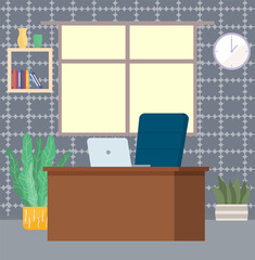 Modern home workplace flat. Office chair and office desk with stack of books in cozy room interior. Furniture and equipment for workplace of employee or home office worker, vector interior workspace