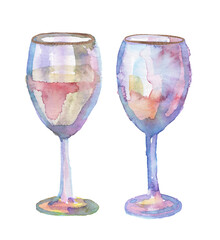 Wine glasses. Ink illustration with glasses of champagne .isolated on white background