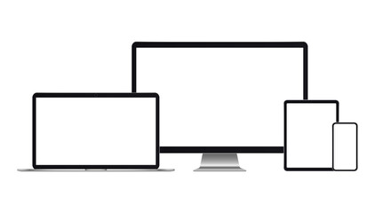 Electronic gadgets. Set of realistic computer monitors, laptops, tablets and mobile phones on white background. Design smart digital device set. Vector illustration. Eps10