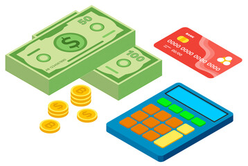 Calculation concept. Dollar pile coins and paper bills, accountant. Financial calculations, counting profit, taxes, money statistics, data analytics, income planning, economic business report